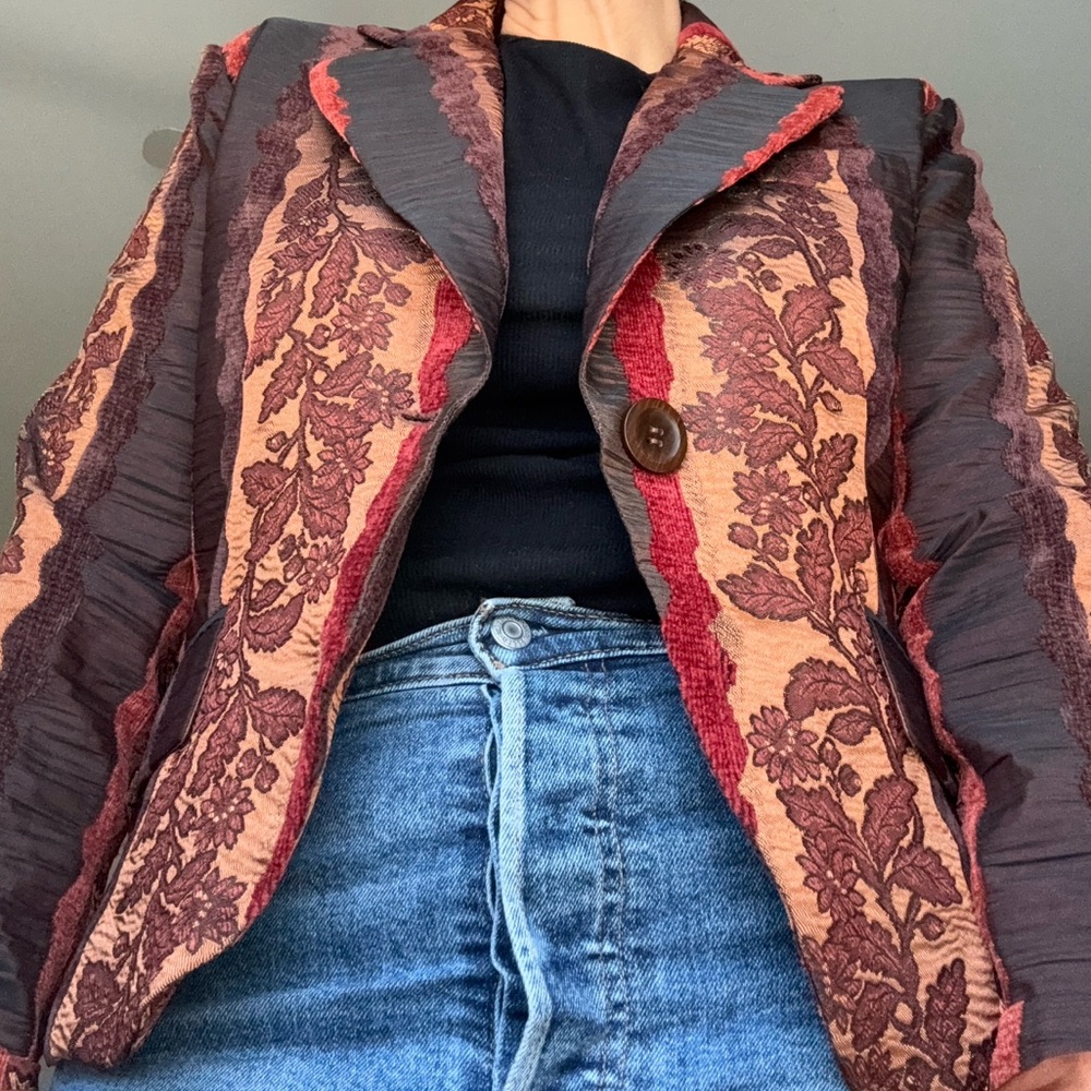 Sharon Young Multi-Texture Floral Stripe Blazer - Rust, Burgundy, Brown